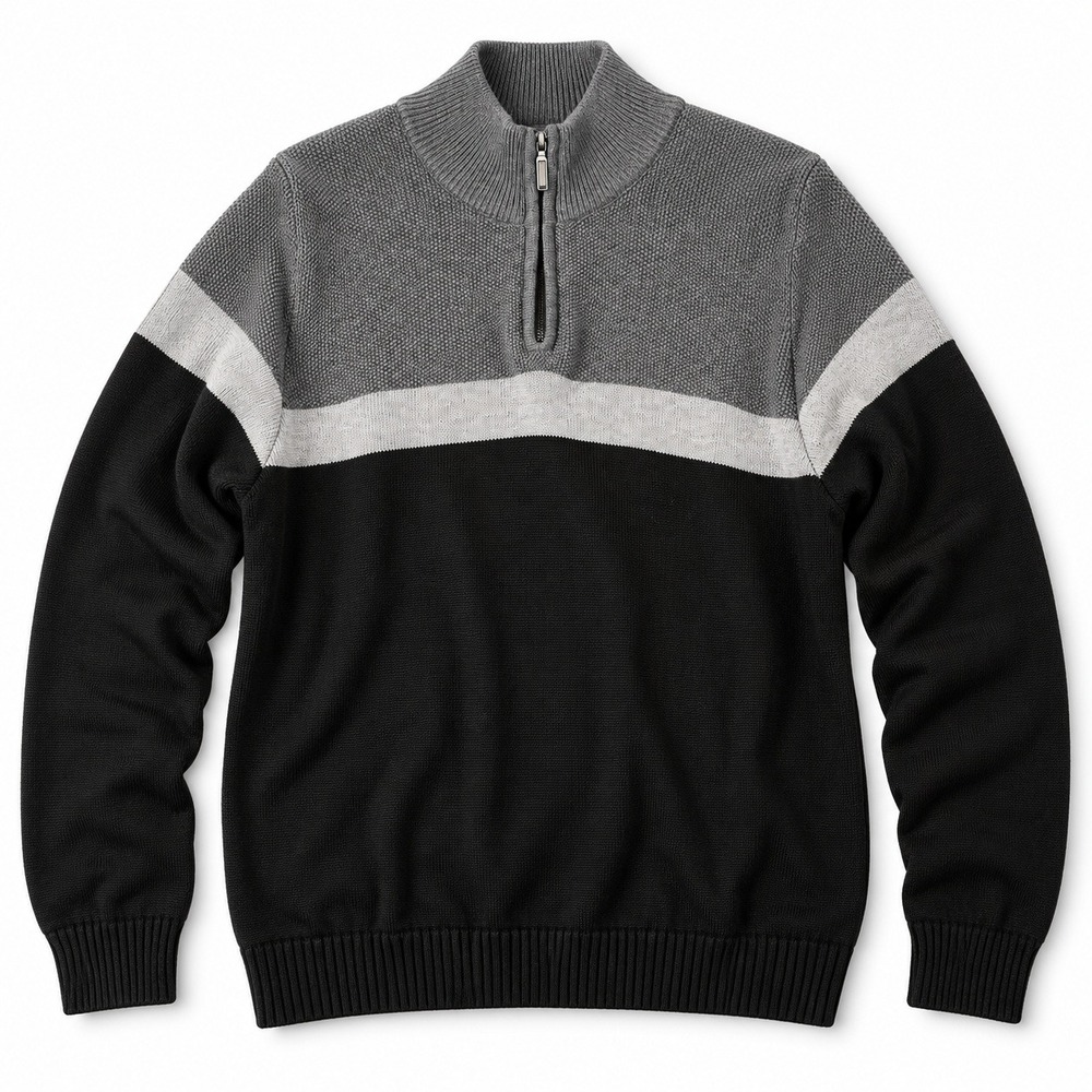 Denver Hayes Quarter Zip Sweater Mens L Black Grey Colorblock Cotton Pullover